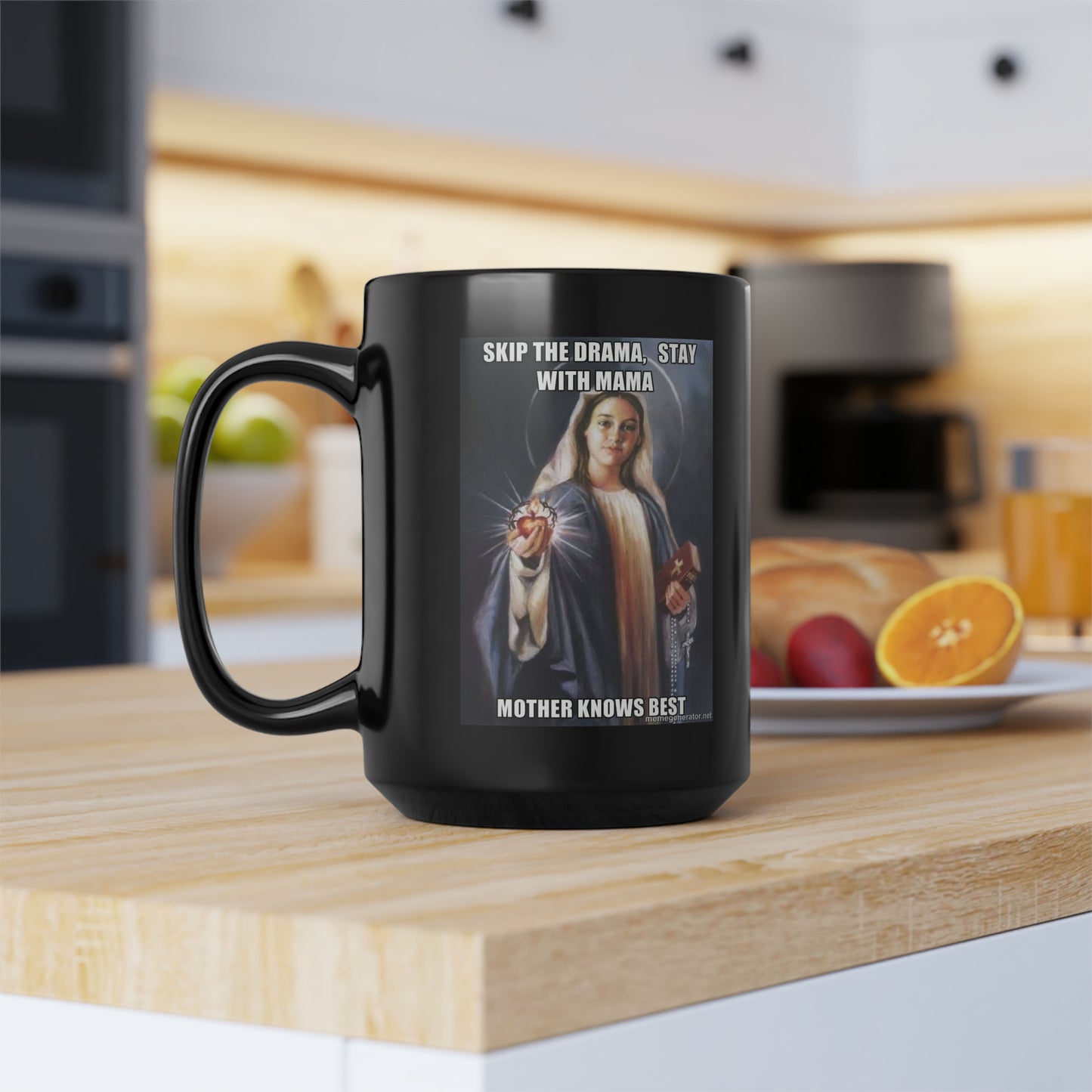 No Drama Virgin Mary Black Mug, 15oz