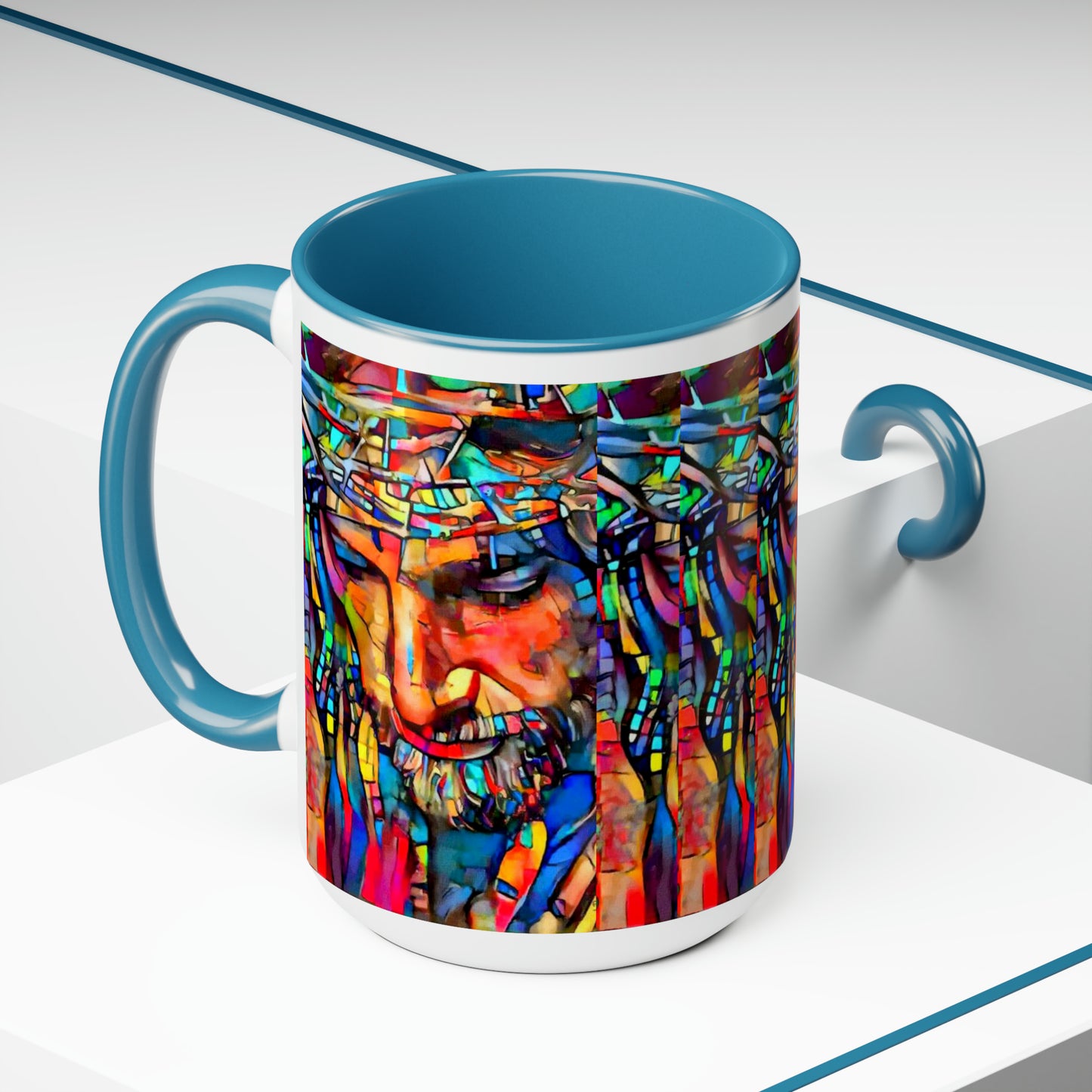 Stained glass Jesus Two-Tone Coffee Mugs, 15oz