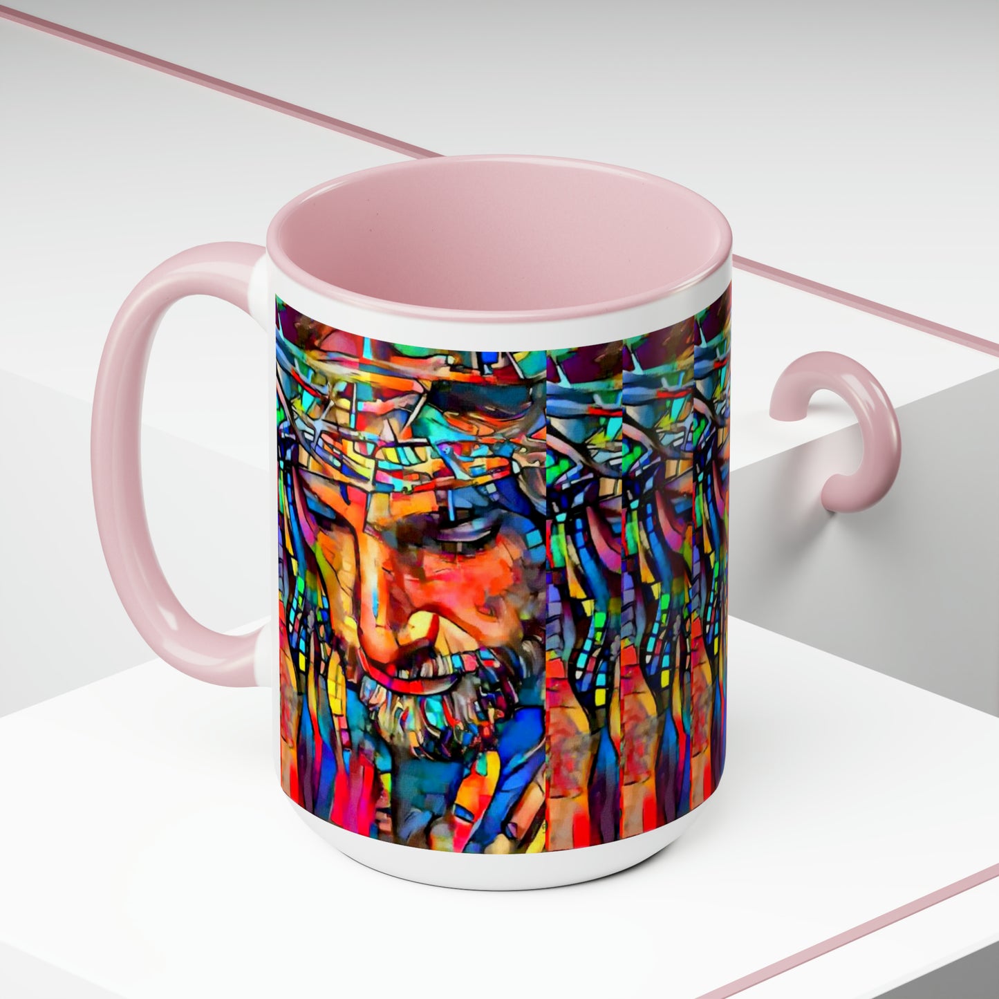 Stained glass Jesus Two-Tone Coffee Mugs, 15oz