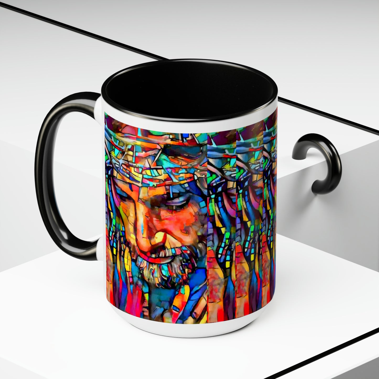 Stained glass Jesus Two-Tone Coffee Mugs, 15oz