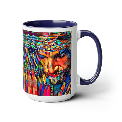 Stained glass Jesus Two-Tone Coffee Mugs, 15oz