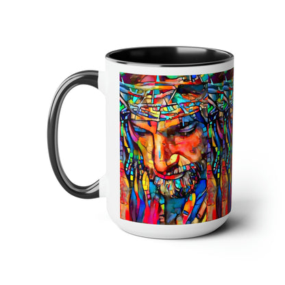 Stained glass Jesus Two-Tone Coffee Mugs, 15oz