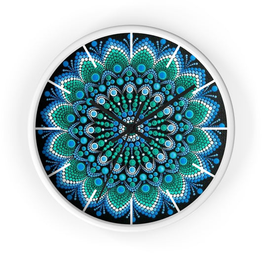 Blue, Green, White Mandala Wall Clock